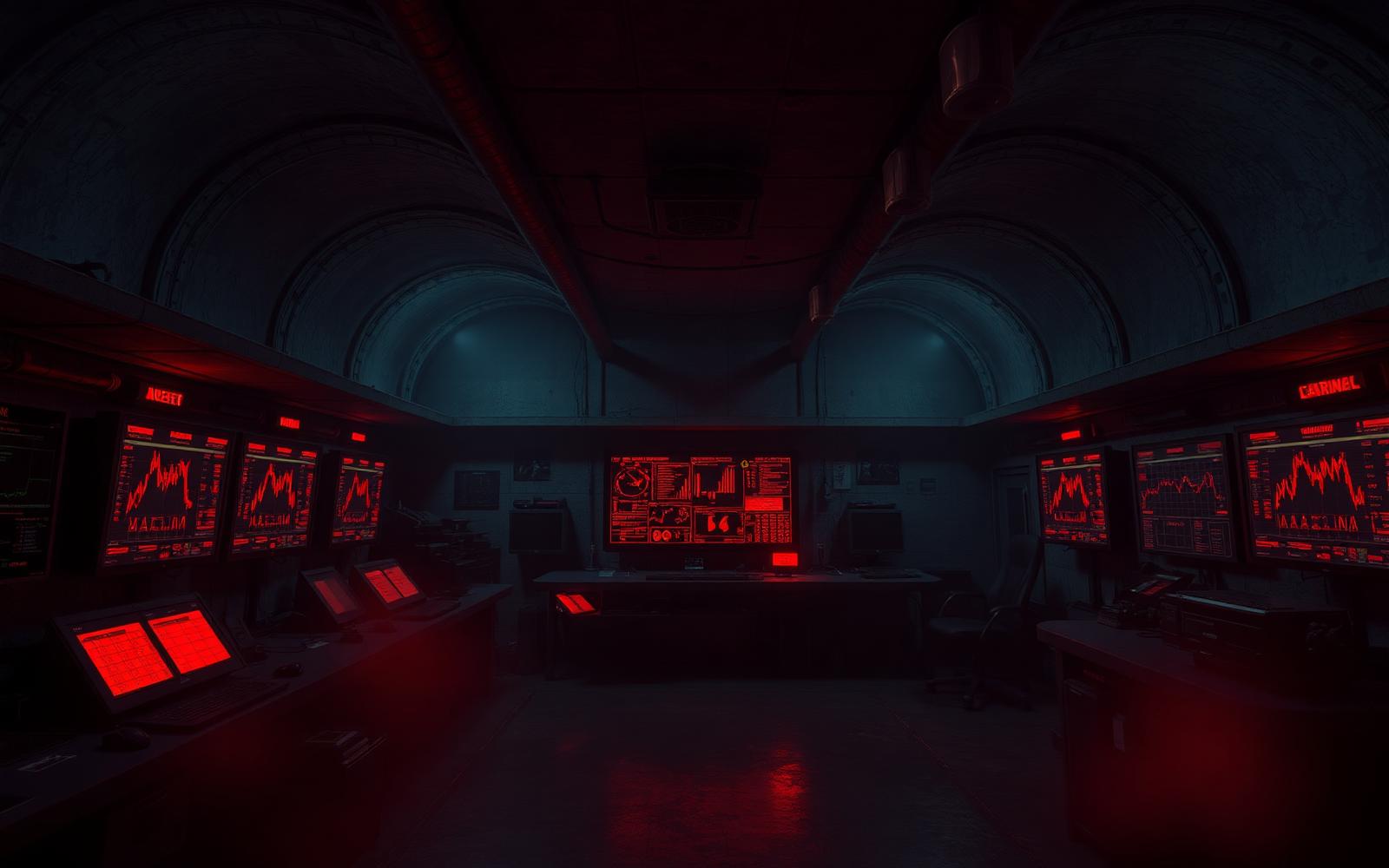 Dark bunker interior with red monitors
